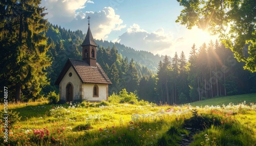 Small church in mountain valley