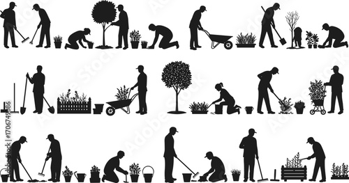 Gardening Silhouettes Vector Set Showing People Planting, Watering, Raking, Digging, Using Wheelbarrow, and Caring for Trees and