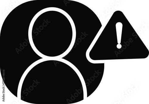 User profile with warning sign icon, security risk alert, account danger caution symbol, identity issue safety notification transparent background