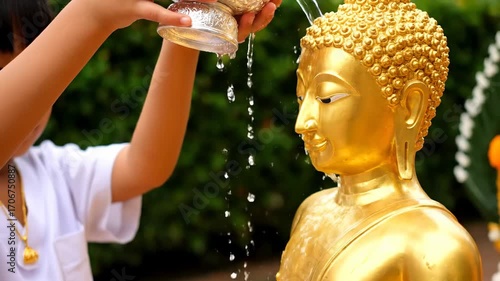 Close up child pouring rose water Buddha statue cinematic UHD handheld Songkran cultural stock footage. young one ablution aromatic liquid deity figure handheld ultra high definition
