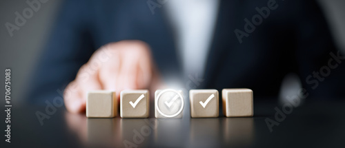 Checkmark on Wooden Blocks, Business Decision Making Concept