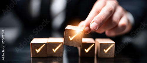 Hand Selecting a Checkmark Cube, Achieving Business Goals