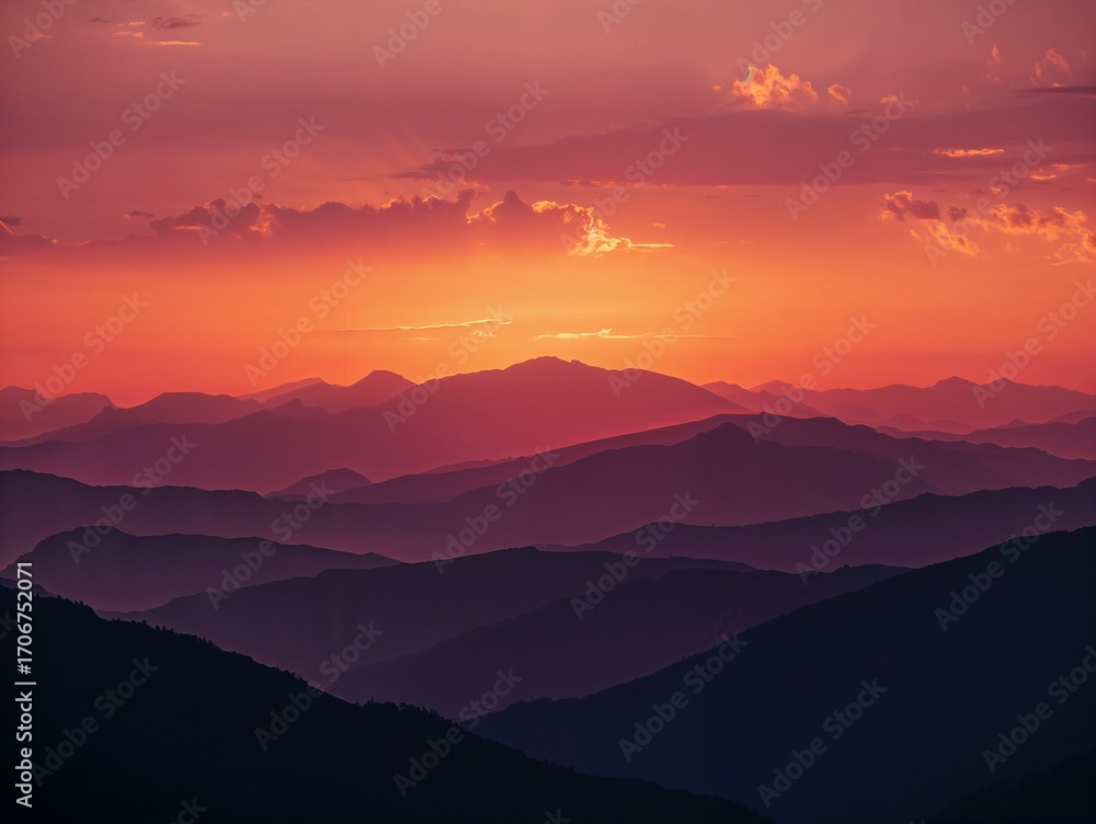 Obraz premium Warm Sunset Mountain Layers — Atmospheric Purple & Orange Dusk Landscape Background for Presentations, Travel Portfolios, Meditation & Wellness Retreats, Wedding Slides, Posters and Social Media