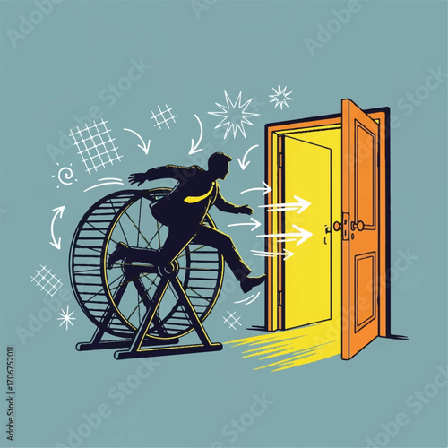 Businessman escaping the monotonous rat race by jumping off a hamster wheel towards an open door of opportunity.