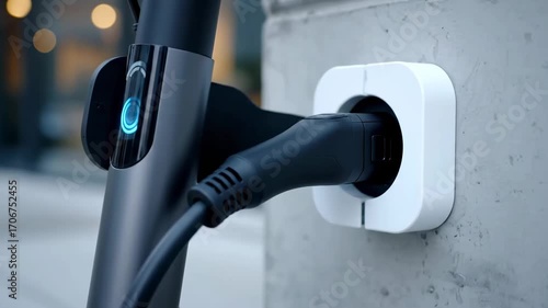 Close up electric scooter charging city street cinematic UHD handheld sustainable transport stock footage. urban e scooter refill roadway filmic ultra high definition portable eco