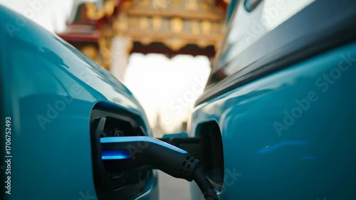 Close up electric tuk tuk charging roadside station cinematic UHD sustainable transport stock footage. eco auto refill point curbside filmic ultra high definition green mobility
