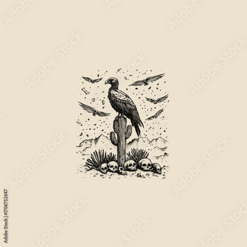 hand-drawn vector illustration in an engraving style, featuring a vulture perched on a Saguaro cactus with human skulls and bones lying at the base, set against a desolate desert