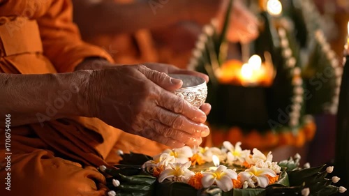 Close up monk blessing devotees holy water cinematic UHD Songkran cultural tradition stock video. reverend bestowing sacred liquid follower rite ultra high definition thai new