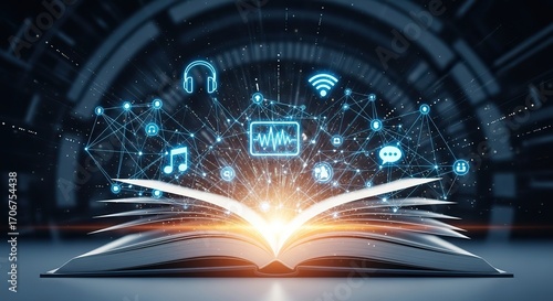 Unlock digital knowledge with open book radiating light and connected icons in modern tech network