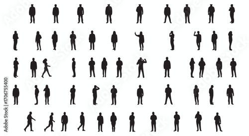 Crowd Dynamics Silhouette Vector Illustration Depicting Diverse Figures in Simple Black Shapes, Suitable for Backgrounds & Design Elements
