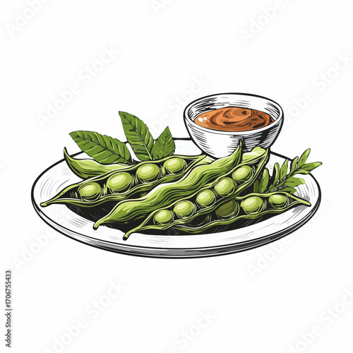 Illustration of vibrant green pea pods with visible peas, artfully arranged on a dish with fresh leaves and a delicious dipping sauce, conveying healthy eating and fresh produce