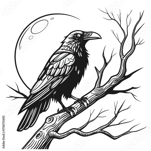 Raven Perched on an Ominous Branch