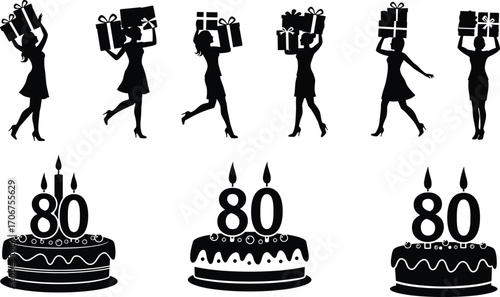Set of women silhouettes carrying gifts and three 80th birthday cakes with candles, celebration, party, and festive vector illustration.