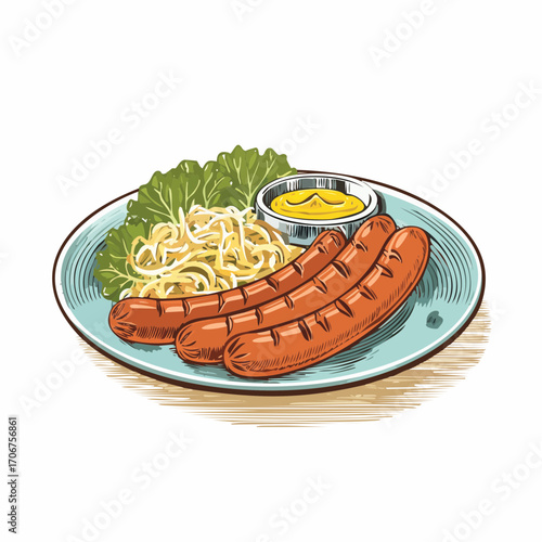 Illustration of grilled sausages, tangy sauerkraut, fresh lettuce, and savory mustard on a plate, depicting a classic and delicious meal