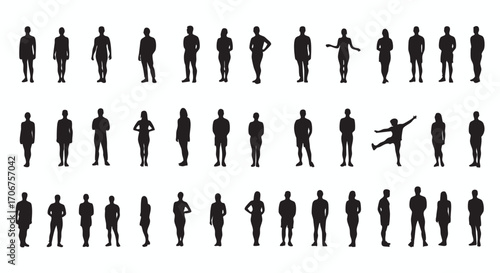 A comprehensive silhouette vector illustration set of diverse people standing in various casual and active poses, perfect for design.