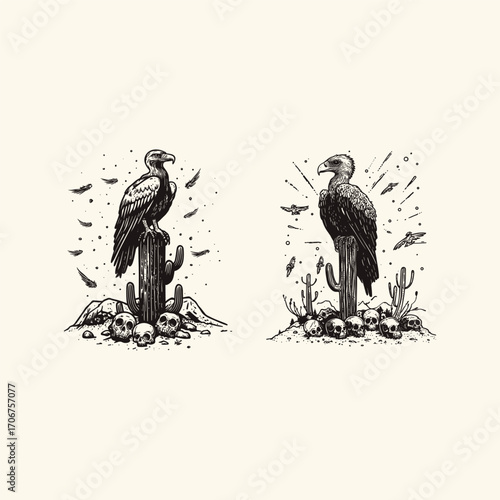 hand-drawn vector illustration in an engraving style, featuring a vulture perched on a Saguaro cactus with human skulls and bones lying at the base, set against a desolate desert