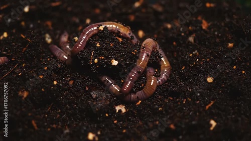 Close up worms breaking down compost inside bin cinematic UHD handheld eco gardening stock footage. macro annelid decomposing organic matter container filmic ultra high definition