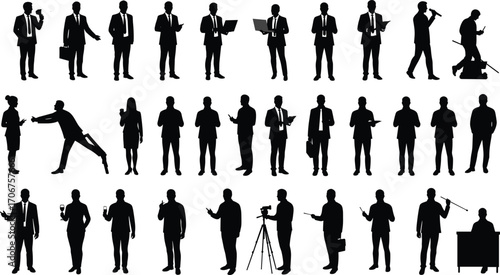 Silhouette Business People Vector Set Working, Presenting, Walking, Communicating, and Collaborating in Office Professional Poses for Design ProjectsSilhouette Business People Vector Set 