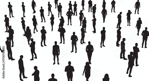 High angle view of a large gathering of people standing, a detailed silhouette vector illustration concept for population or social topics.