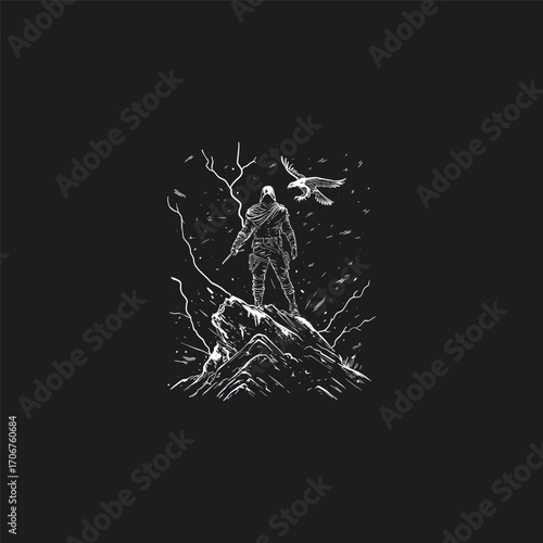 vector illustration in a dark, vintage engraving style, featuring a heroic warrior or ranger standing triumphantly on a rugged mountain peak as an eagle flies by amidst stormy weather and lightning