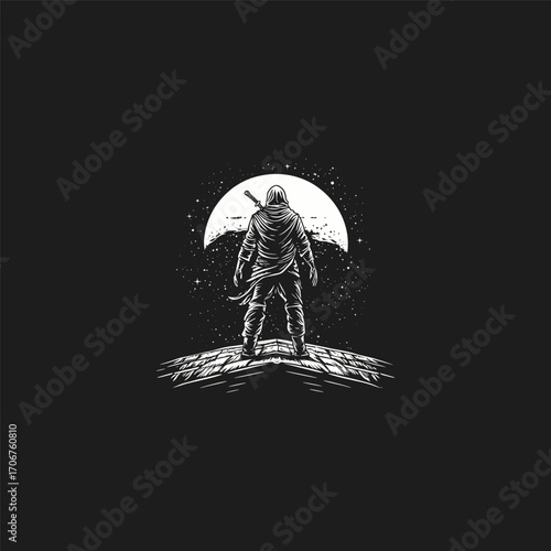 Striking vector illustration in a dark, vintage engraving style, featuring a cloaked rogue or assassin standing watch on a city rooftop at night, silhouetted against a brilliant full moon and starry