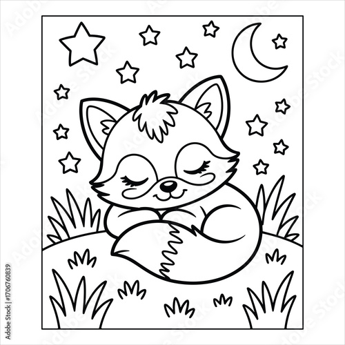 Cute Sleeping Fox Under Moon Coloring Page for Kids