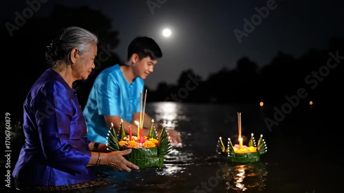 Family floating krathongs river moonlight cinematic UHD handheld Thai festival lifestyle stock footage. kinfolk drifting offering stream moonbeam filmic ultra high definition