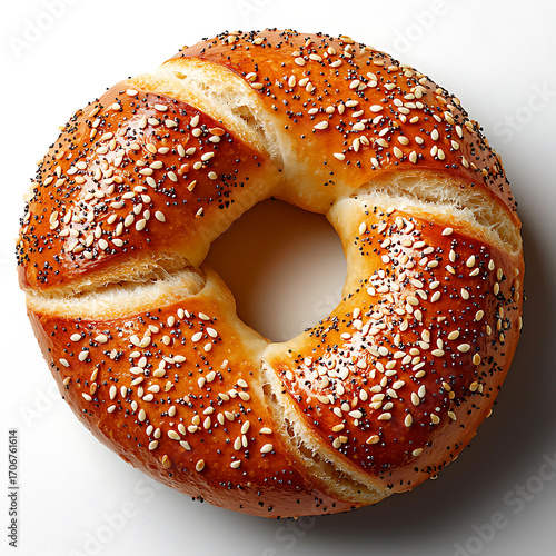 Freshly baked sesame and poppy seed bagel bakery food photography bright light close-up gourmet treats