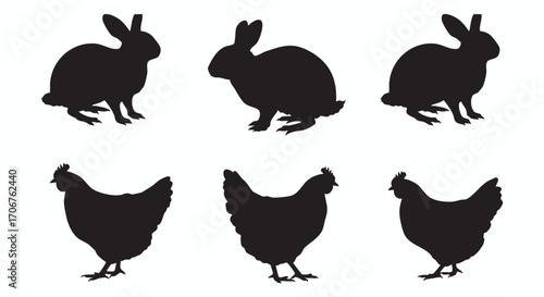 Set of domestic farm animals, a rabbit and chicken silhouette vector illustration collection isolated on a white background for graphic design.
