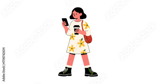Young woman walking with a smartphone and a cup of coffee. Flat modern vector illustration.