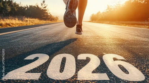Embracing 2026 with every stride a runners perspective, focusing on the feet as they cross the 2026 mark on the asphalt, representing a journey towards new beginnings