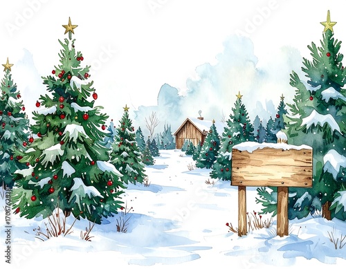 Watercolor Christmas tree farm scene