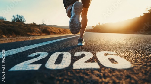 A runner is on the road with the year 2026 painted on it, symbolizing goals and aspirations for the future, set against a backdrop of a bright sunrise