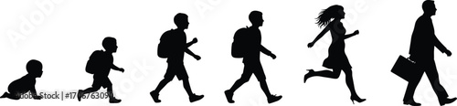 Silhouette timeline of human life stages from baby to adult businessman, representing personal growth, development, education, and career evolution