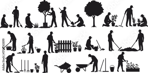 Silhouette Vector of Gardeners Working Outdoors Planting, Watering, Digging, and Raking with Tools, Trees, Flowers, and Garden Equipment