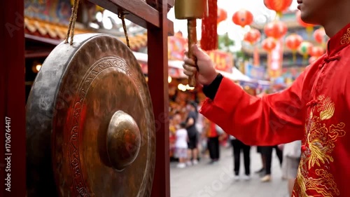 Musicians playing gongs temple fair cinematic UHD handheld cultural festival lifestyle stock footage. gong player shrine bazaar artistic portable ethnic celebration existence