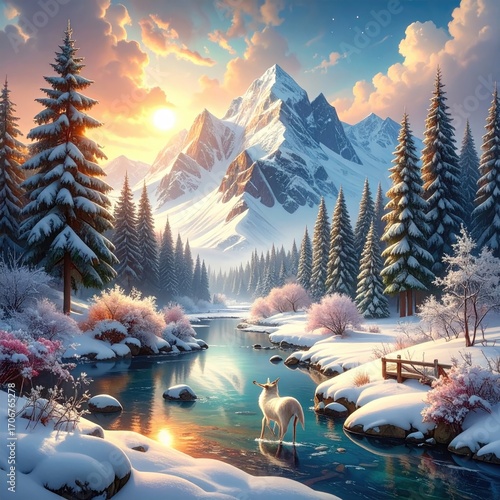 Snowy mountain valley at dawn. Tranquil winter scene with a small deer by a stream