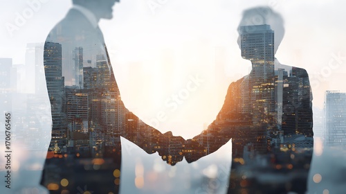 A double-exposure image of businesspeople shaking hands against a backdrop of urban office buildings, symbolizing the successful partnership in commercial transactions.