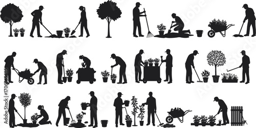 Silhouette Vector of People Gardening Outdoors, Planting Flowers, Watering, Using Wheelbarrow, Raking, Digging, and Caring for Trees and