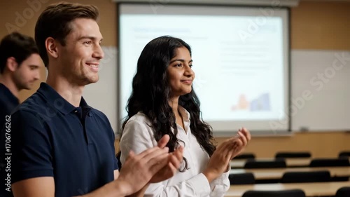 Students clapping online guest lecture cinematic UHD education lifestyle stock footage. pupil ovation virtual speaker filmic ultra high definition learning existence videography.