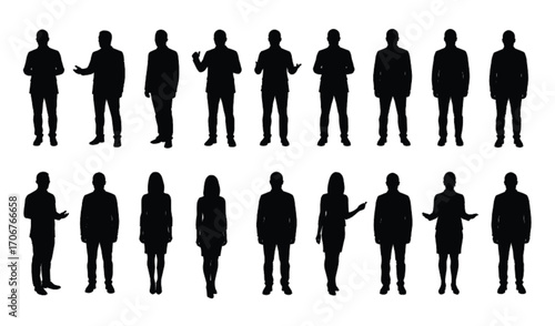 Silhouettes of Business People Standing and Gesturing, Men and Women in Formal Attire, Corporate Poses for Professional Use