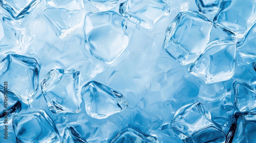 Obraz premium Close-up of crystal-clear ice cubes on a blue background