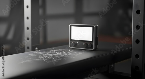 Gym Workout concept with a timer block and blank faceplate in a garage gym bench area, captured with natural lighting and deep focus. Ideal for fitness, health, and training stories.