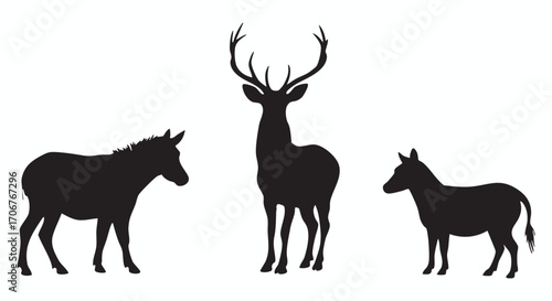 A collection of wild animals including a stag, zebra, and donkey, presented as a black silhouette vector illustration set on a white background.