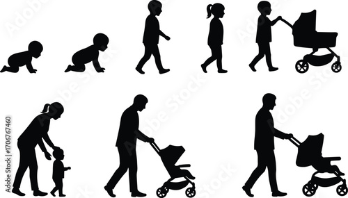 Silhouettes of Child Development and Parenting with Strollers – Crawling, Walking, and Growing Kids Vector Illustration for Family and Childhood Concepts