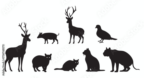 A diverse collection of wild and domestic animals, including deer with antlers, cats, and birds, presented as a clean silhouette vector illustration.