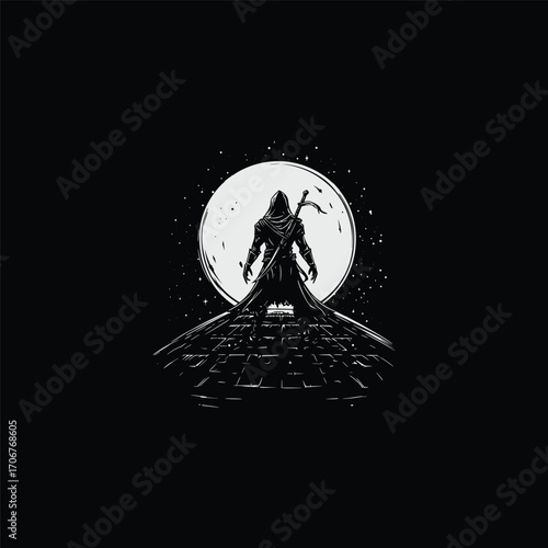 Striking vector illustration in a dark, vintage engraving style, featuring a cloaked rogue or assassin standing watch on a city rooftop at night, silhouetted against a brilliant full moon and starry