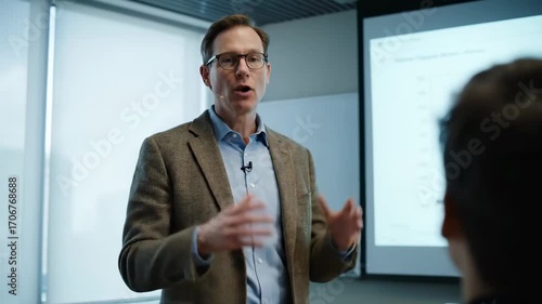 University professor giving lecture projector cinematic UHD education lifestyle stock footage. scholastic instructor presentation cinematic ultra high definition learning