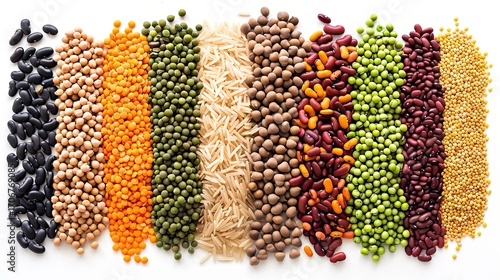 Colorful assortment of dried legumes and grains creates a vibrant textured food background