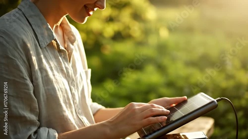 Woman charging phone solar power bank cinematic UHD handheld eco lifestyle technology stock. female energizing cellphone photovoltaic portable device sustainable existence